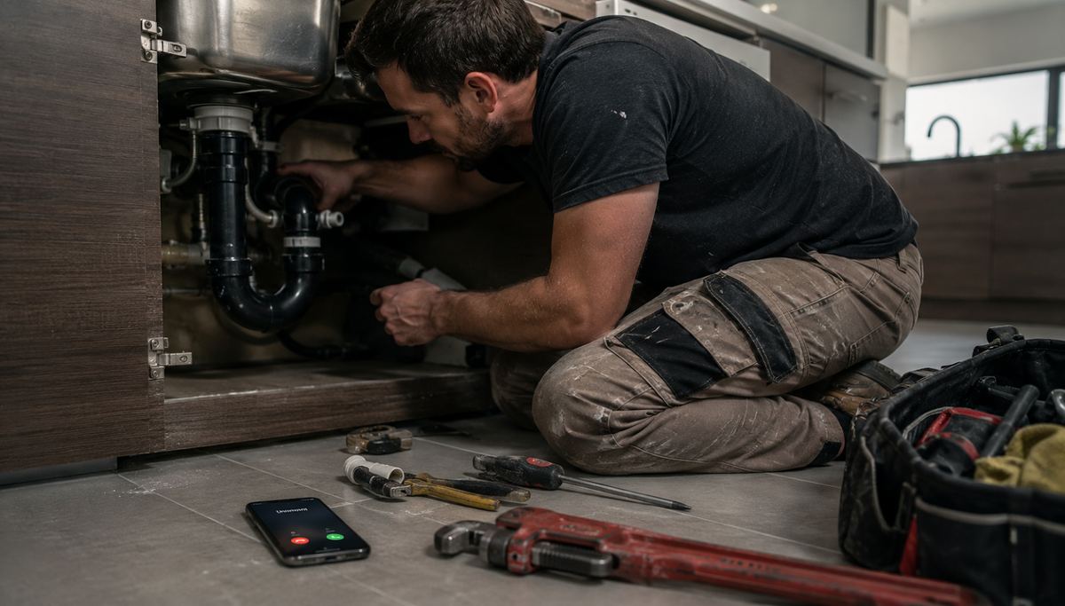 Professional plumber working on pipes under a modern bathroom sink